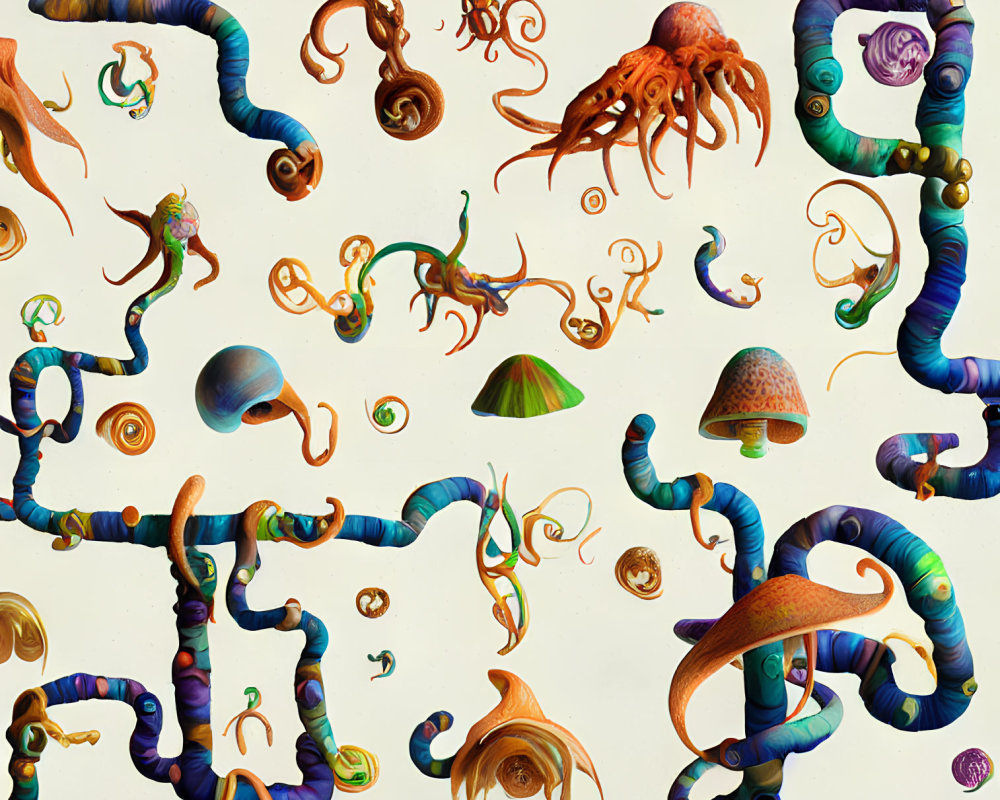 Colorful Marine Life Illustration Featuring Octopuses, Squids, and Shells