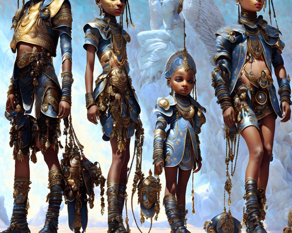 Four digital art figures in golden and blue armors with white-winged creature