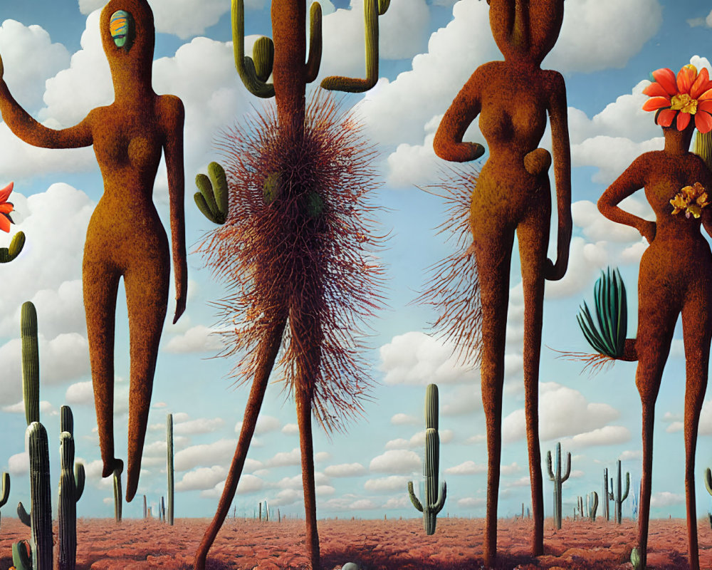 Surreal anthropomorphic cacti figures in desert landscape with flower features