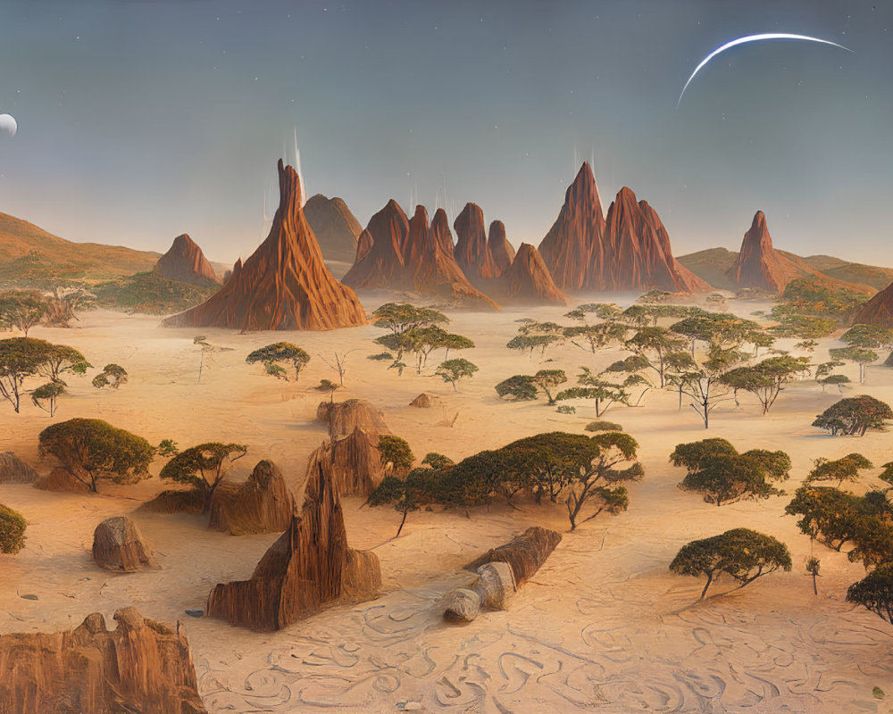 Alien landscape with orange spiky mountains and celestial sky