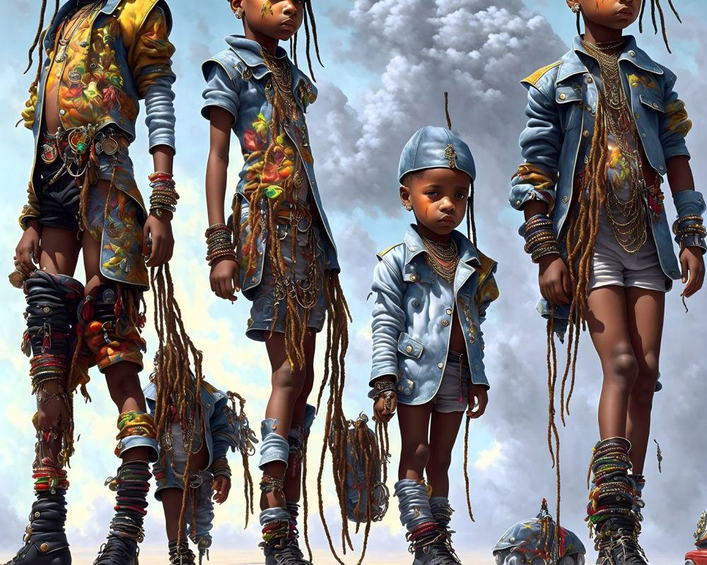 Illustrated children in post-apocalyptic attire against desolate landscape