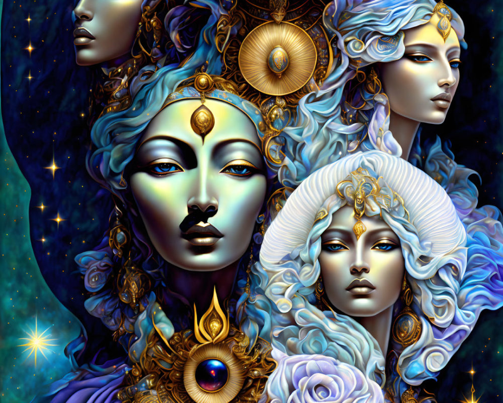 Celestial woman with serene faces and gold jewelry in cosmic setting