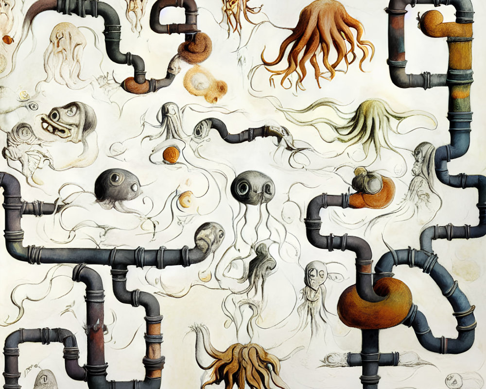 Detailed illustration of whimsical pipes with jellyfish-like creatures in surreal blend.