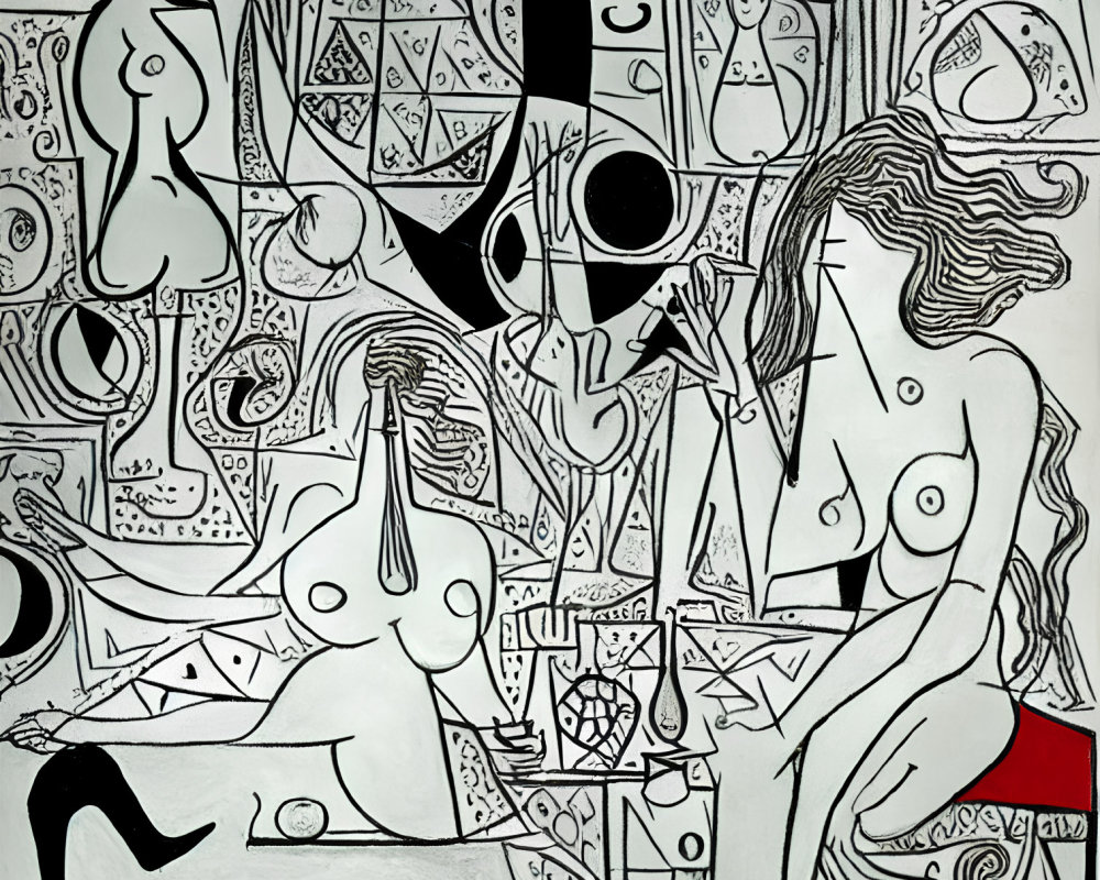 Monochromatic abstract painting with nude figure and bull's head motif