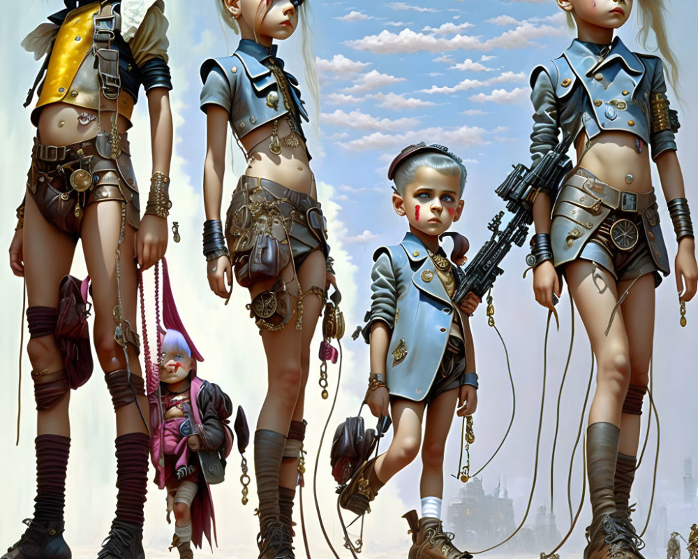 Stylized animated steampunk girls with gun and creature on leash