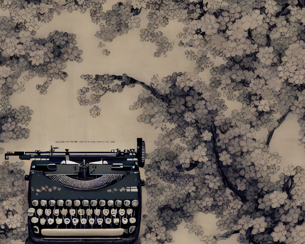 Vintage typewriter with floral patterns on beige background