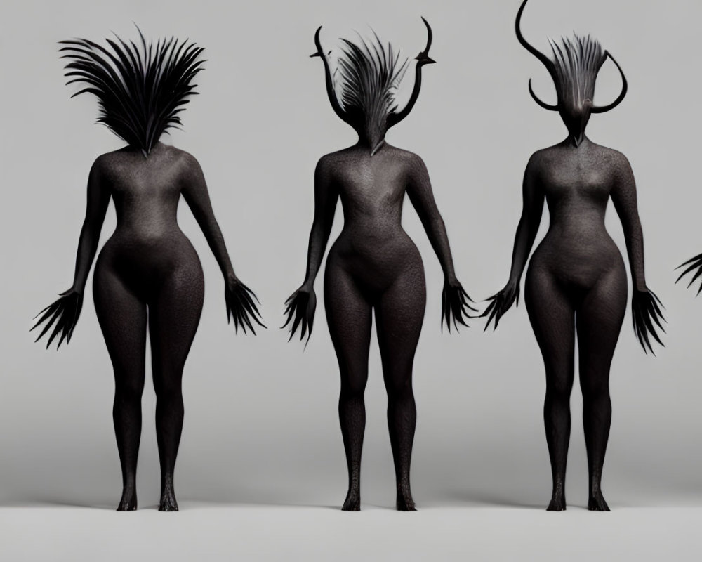 Six humanoid figures with stylized elk-like antlers in different poses