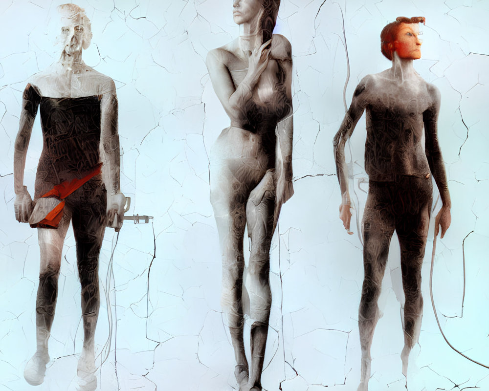 Stylized humanoid figures with textured skin on cracked light background.