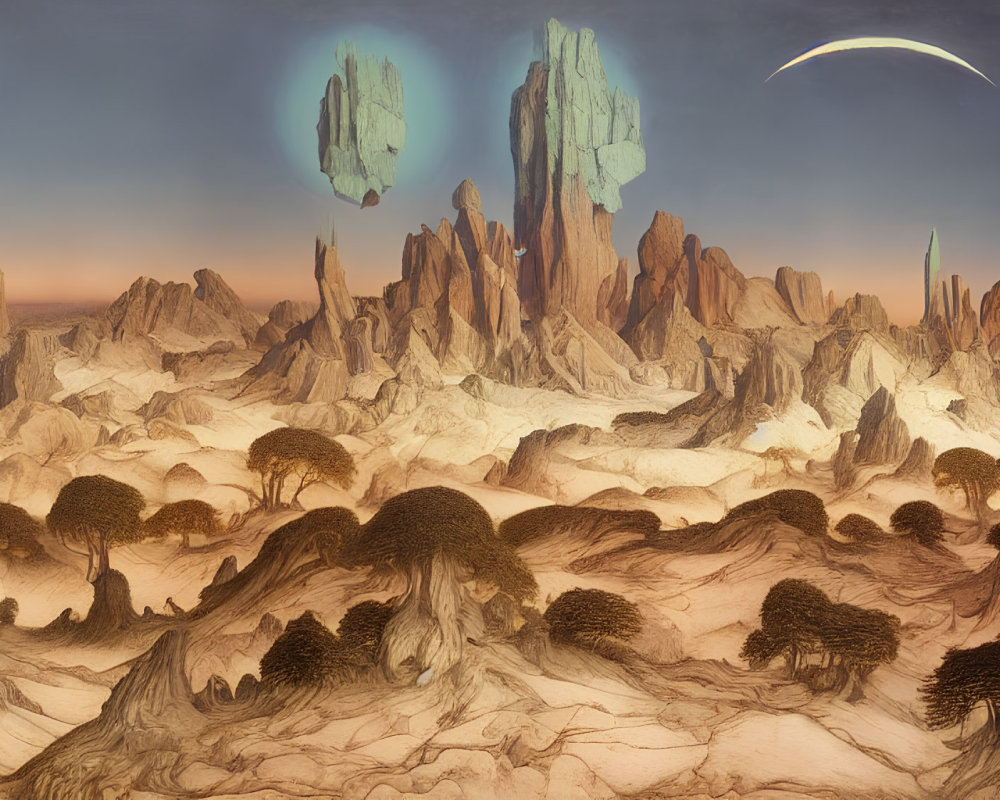 Fantasy landscape with towering rock formations and Baobab-like trees