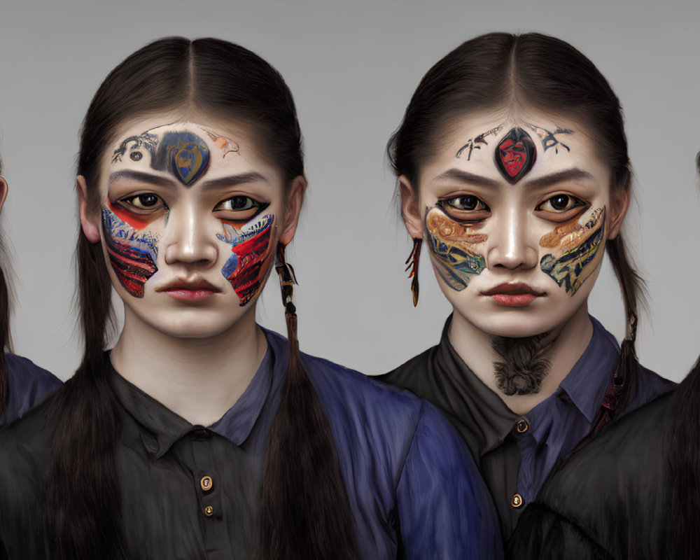 Four individuals with intricate face paint and braided hair against a grey backdrop showcasing traditional patterns and modern art