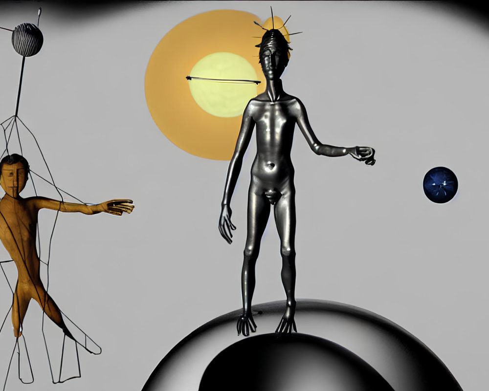 Surreal digital artwork: humanoid figures, cosmic setting, yellow orb, blue planet