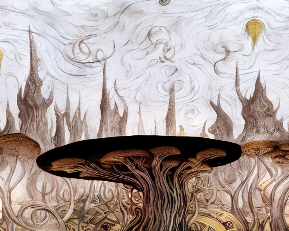 Surreal forest artwork with mushroom-like structures