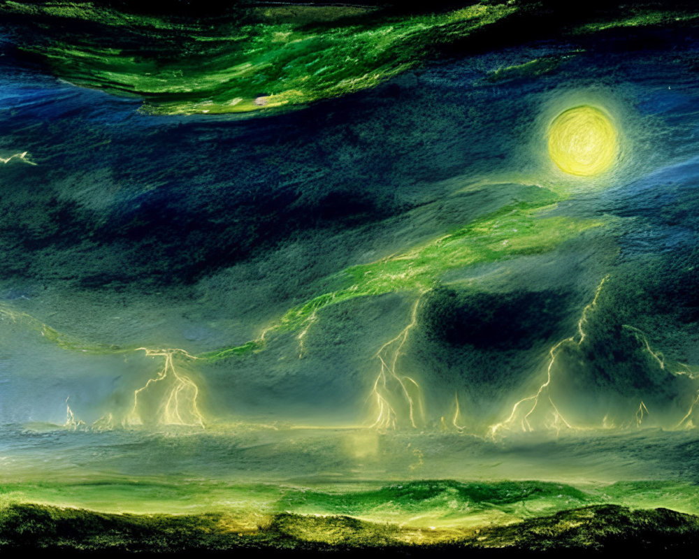 Dramatic digital painting of tempestuous night sky with lightning bolts and yellow moon.