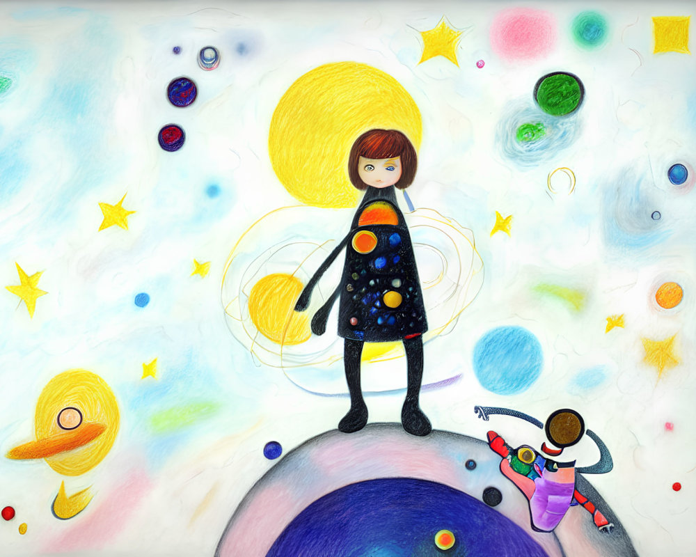 Vibrant space-themed child illustration with planets and stars