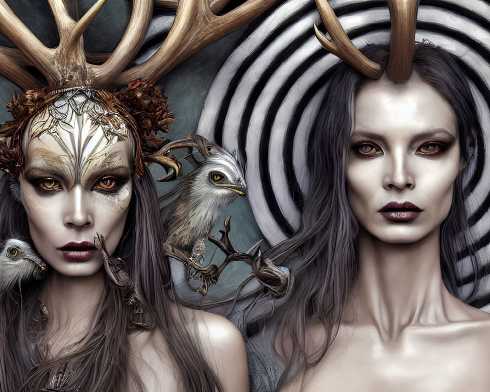 Mystical women with antlers and bird creature in hypnotic setting