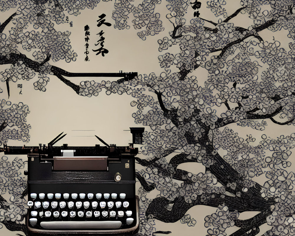 Vintage Typewriter with Floral Asian Calligraphy Background