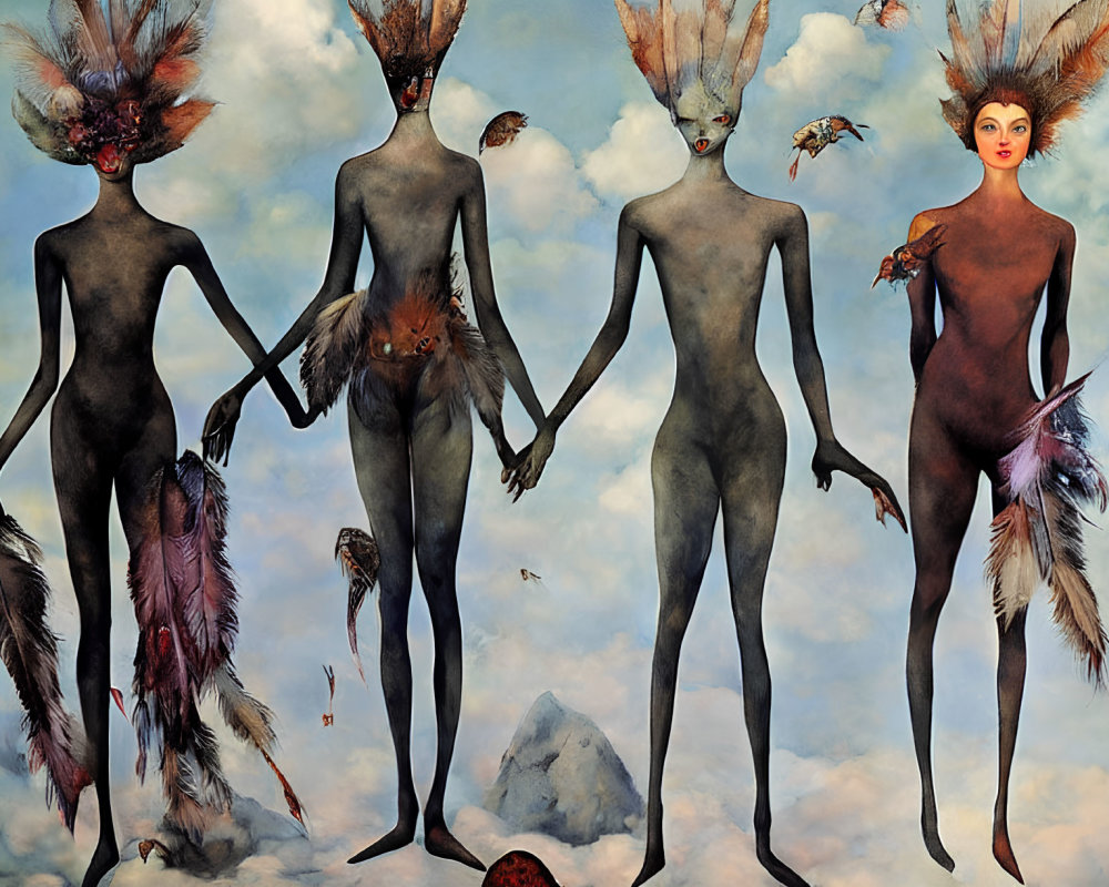 Four surreal, elongated figures with feathered adornments under a cloudy sky