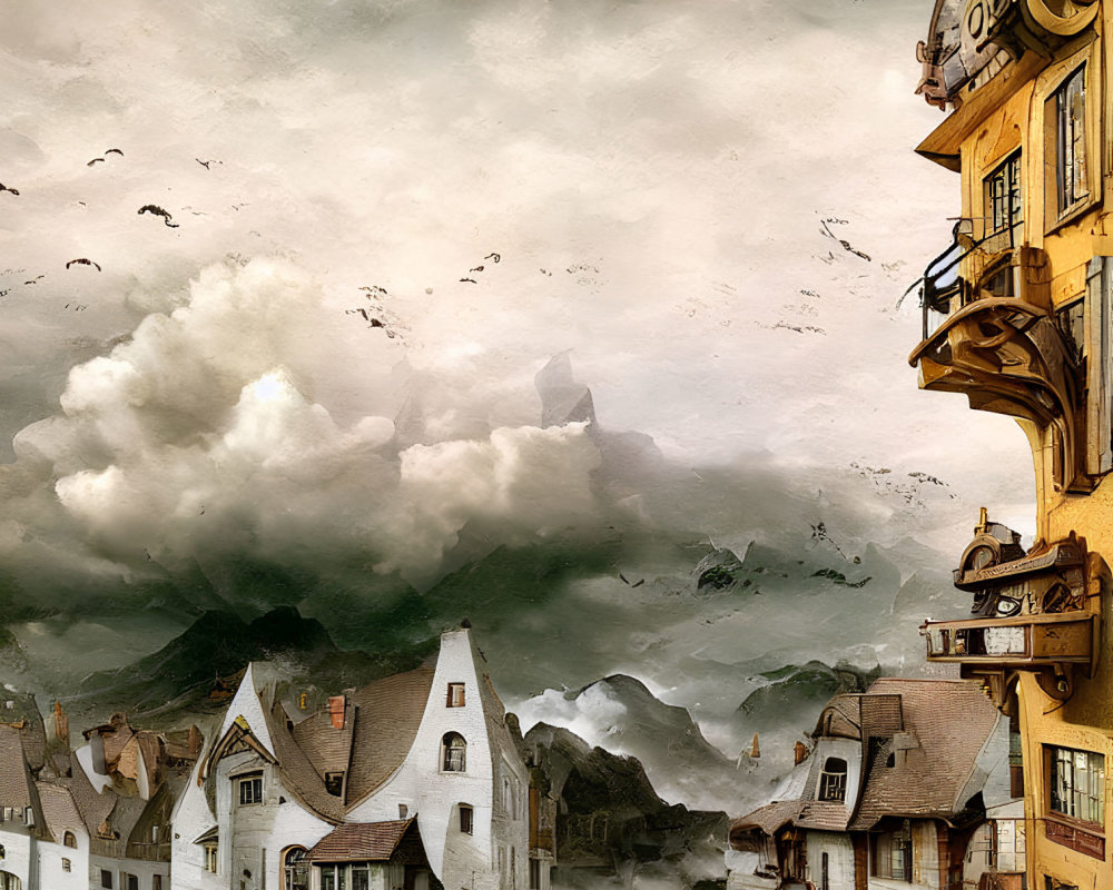 European-style Buildings in Surreal Landscape with Chaotic Clouds and Waves