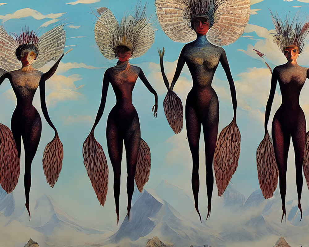 Six winged humanoid figures with fish-like lower bodies above a mountainous landscape