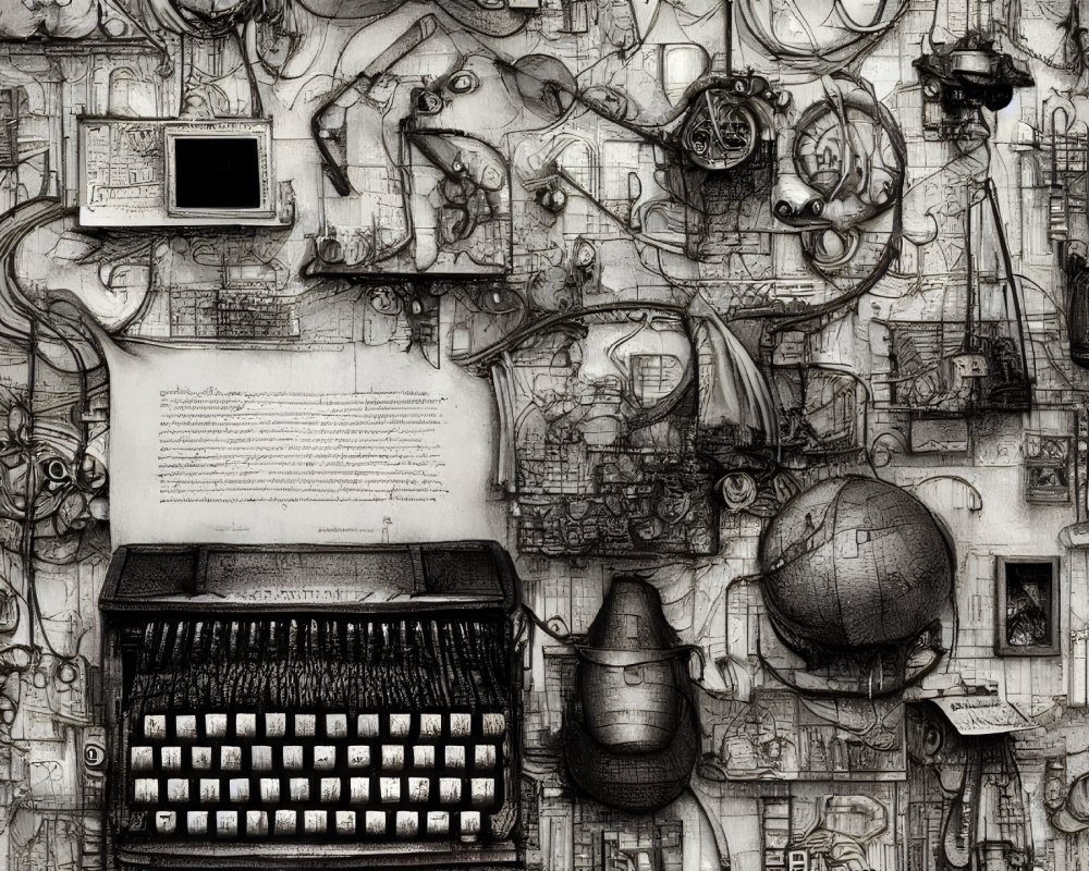 Detailed Black and White Vintage Typewriter Illustration with Intricate Surrounding Sketches