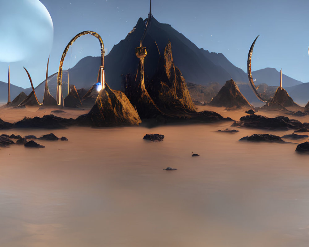 Panoramic alien landscape with cable cars, ring structures, and celestial bodies