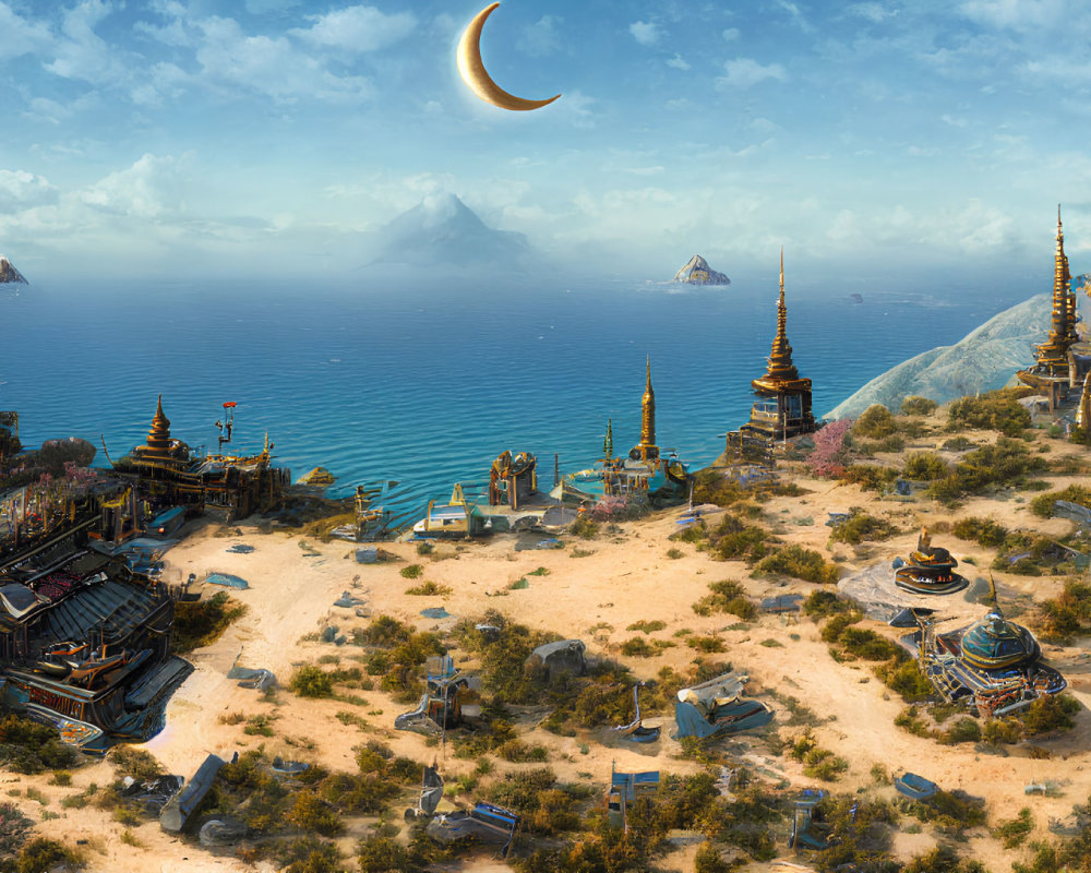 Fantasy coastal landscape with golden temples, cherry blossoms, and crescent moon