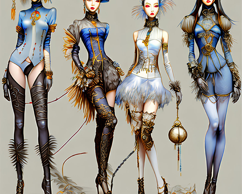 Stylized female characters in ornate fantasy costumes with animal motifs and accessories