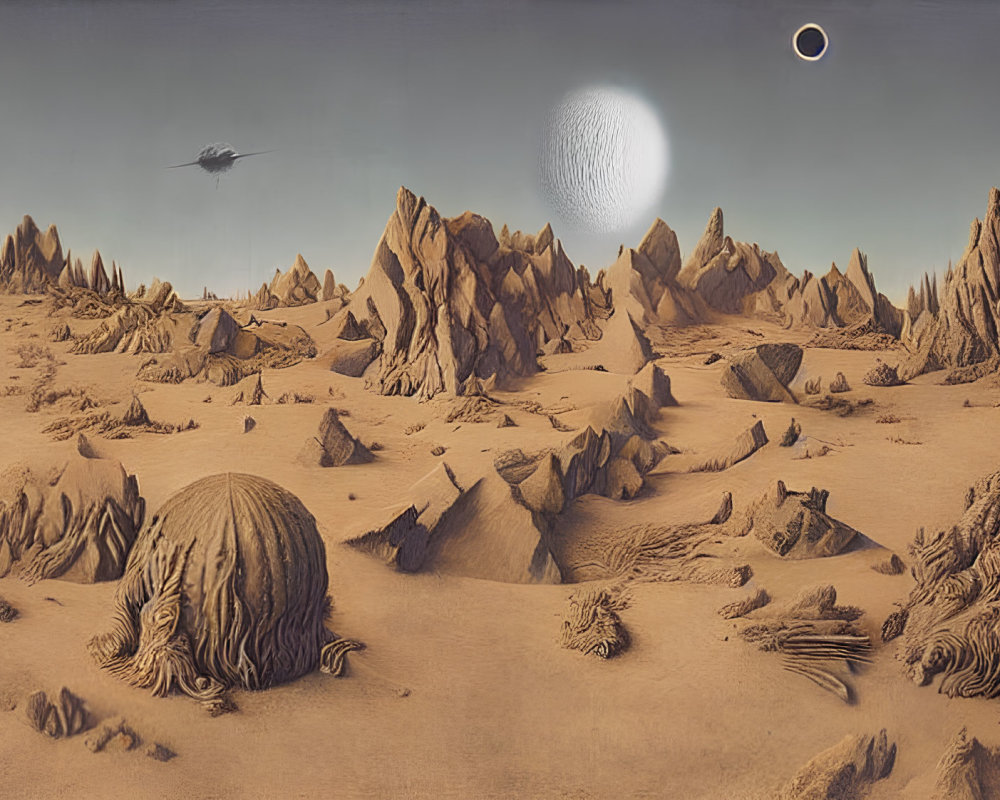 Panoramic alien landscape with spacecraft, glowing orb, and ringed planet