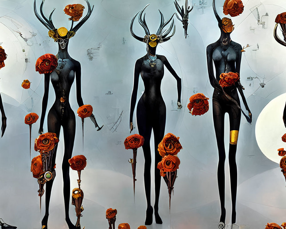 Surreal figures with antler-like headpieces and orange flower-adorned bodies on light blue