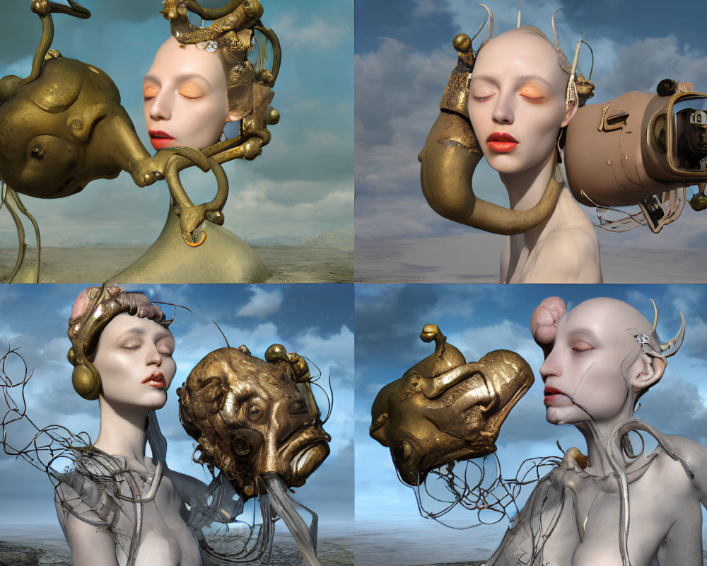 Surrealist portraits: Female faces fused with mechanical elements in desolate landscapes