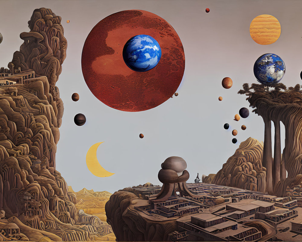 Surreal landscape with towering rock formations and multiple planets against hazy sky