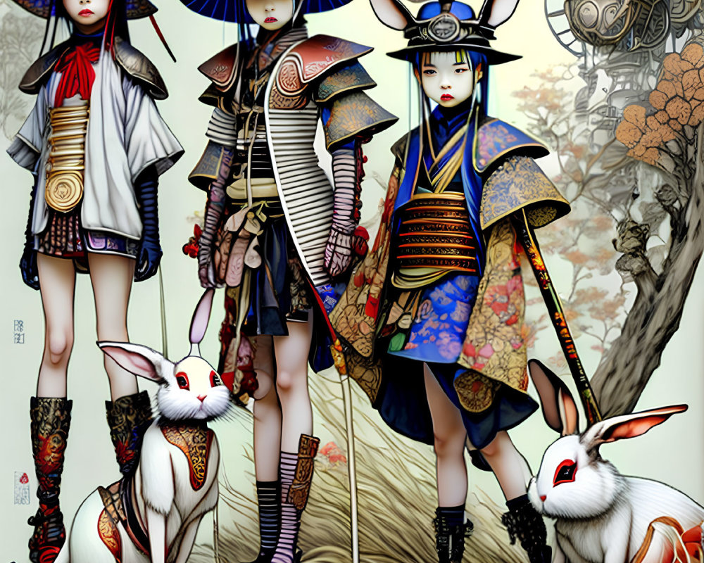 Stylized Japanese characters with white rabbits in intricate backdrop