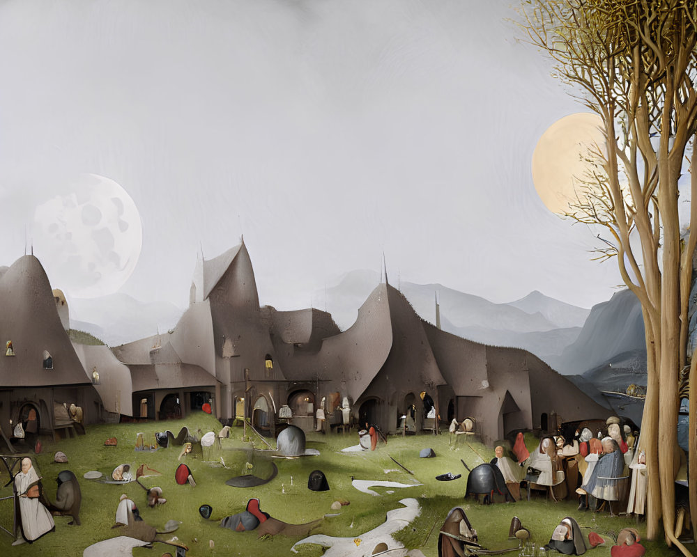 Medieval village panorama with people and two moons under overcast sky