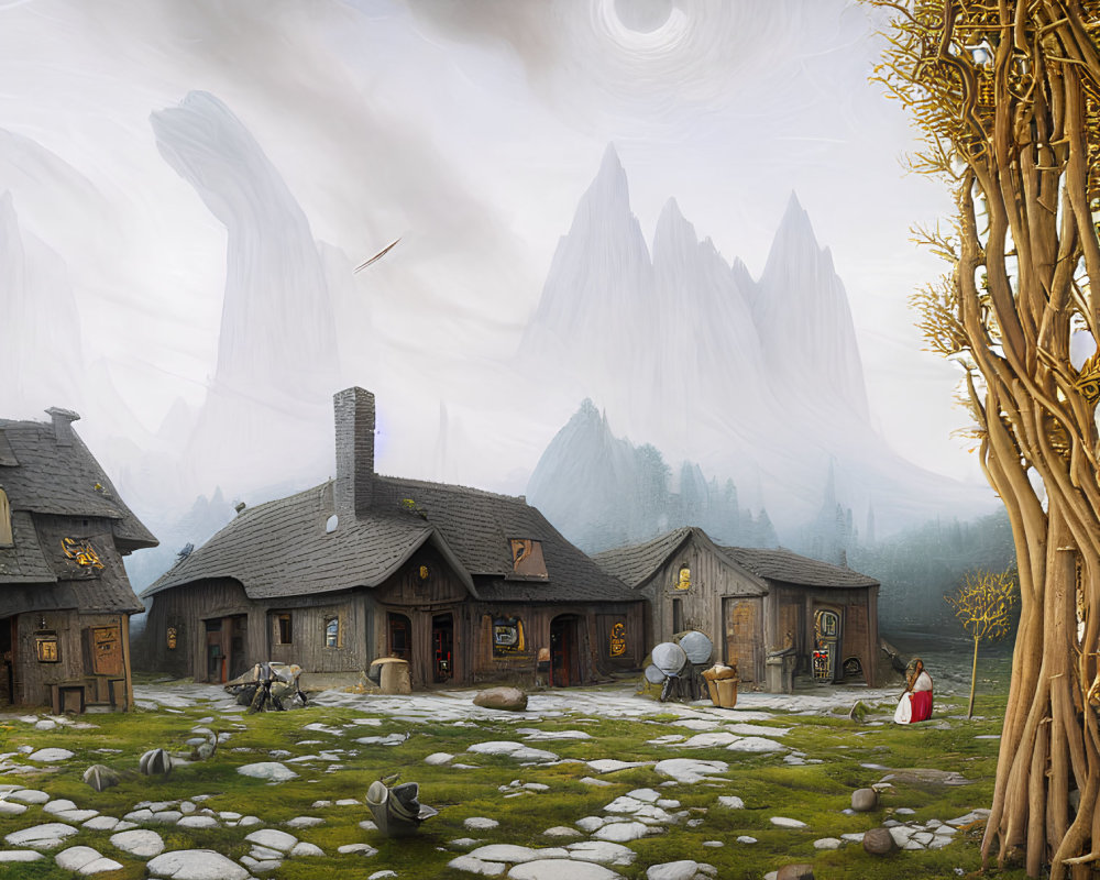 Fantasy landscape with stone village, golden tree, misty mountains, rings in sky.