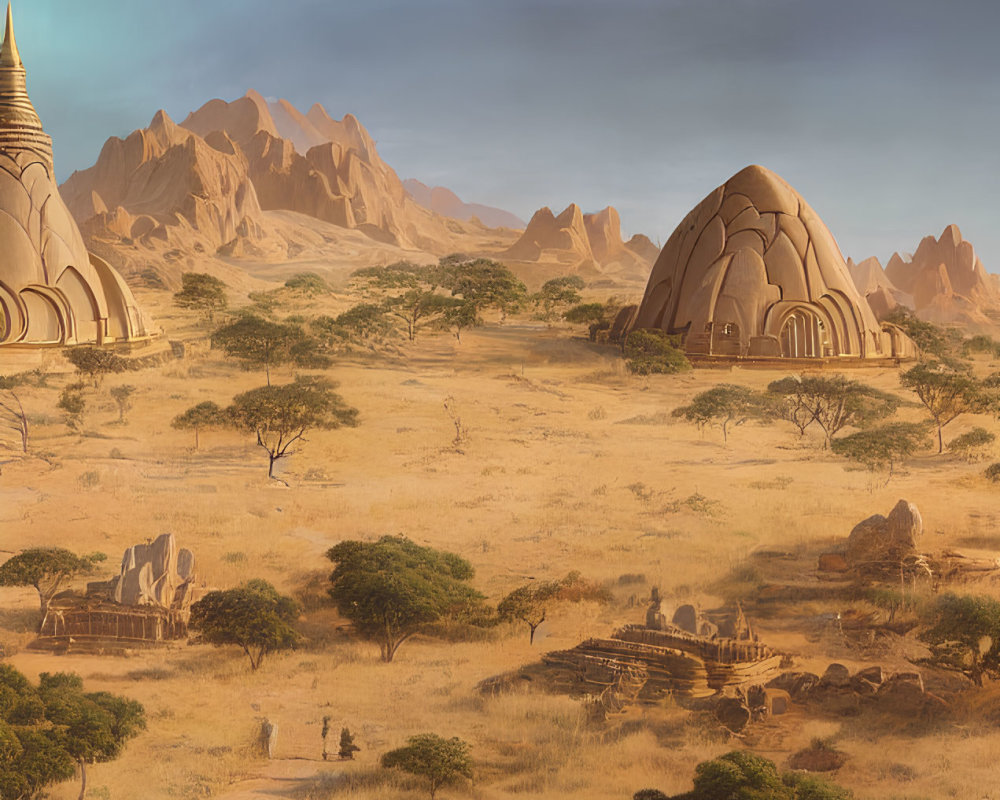 Unique Rock Formations and Golden Pagoda in Fantastical Desert Landscape