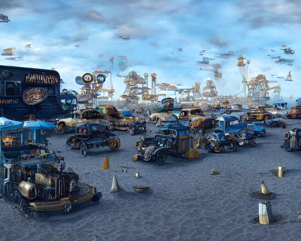 Steampunk-inspired beach scene with vintage vehicles, stalls, and airships