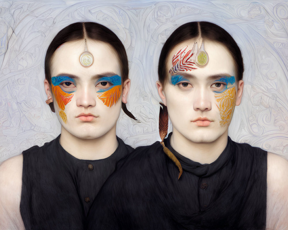 Symmetrical faces with blue and gold facial paint on dark background