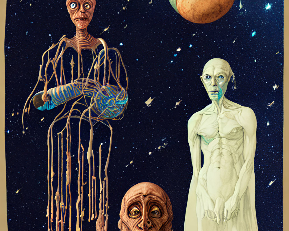 Elongated head alien beings illustration in cosmic setting