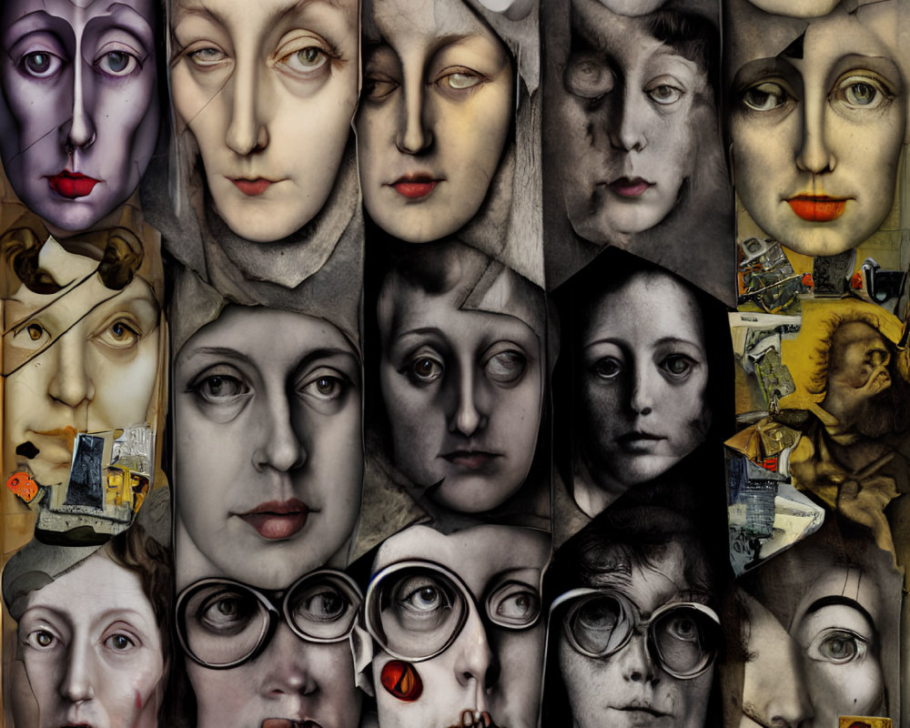 Surreal collage of artistic faces with varied expressions