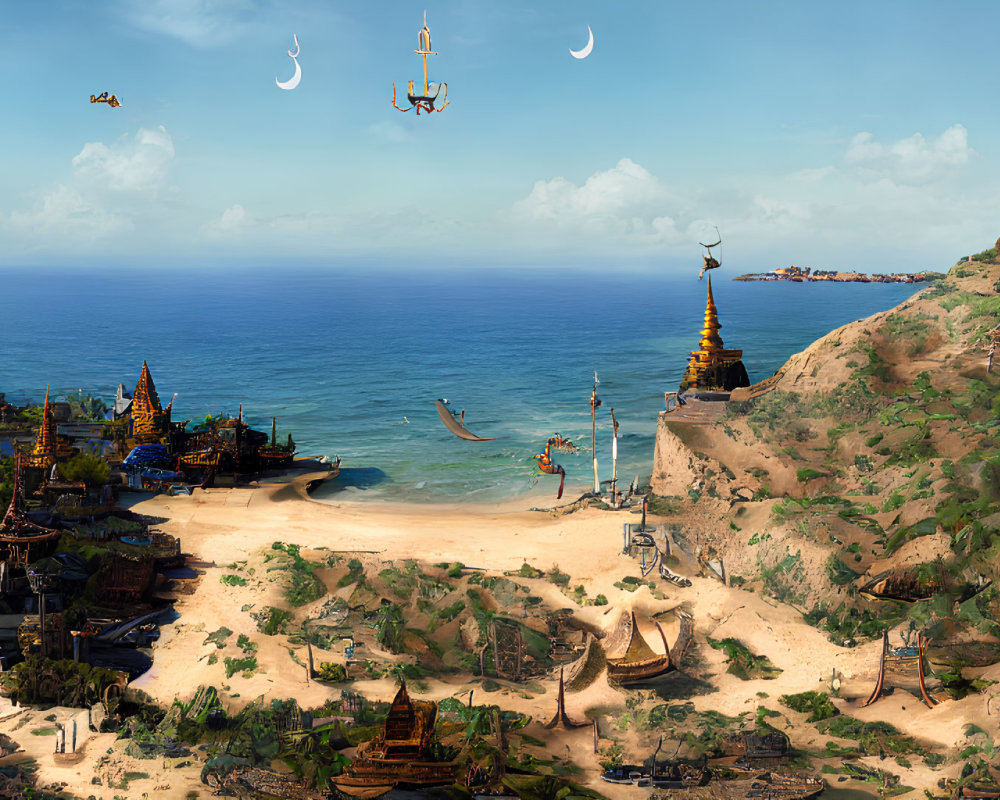 Fantastical coastal village with airships and blue ocean