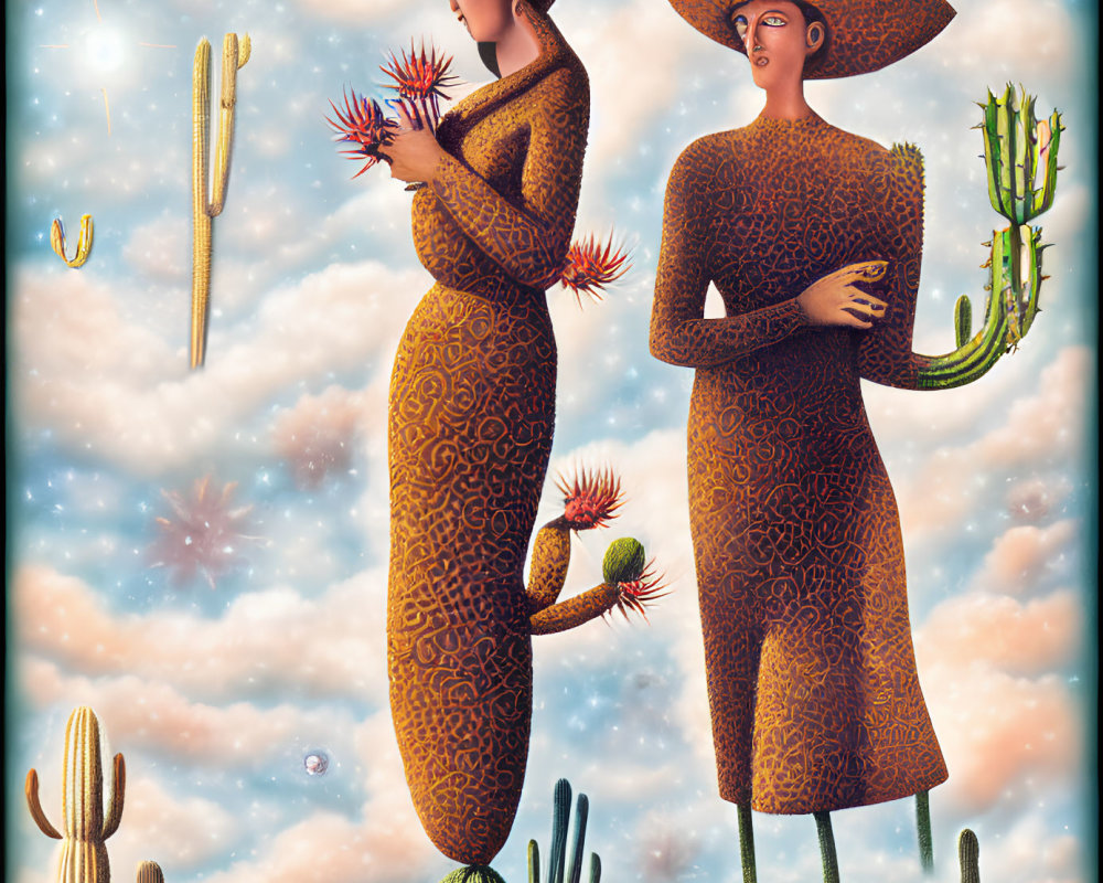 Stylized women with intricate patterns among cacti under celestial sky