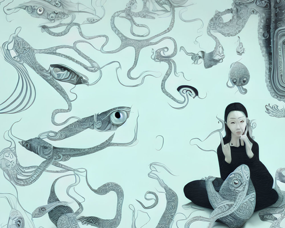 Person surrounded by whimsical fish and smoke-like patterns in surreal aqua-toned space