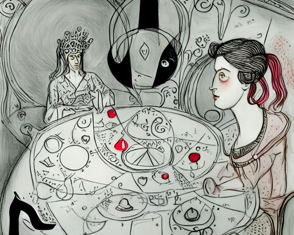 Illustration of two female figures with esoteric symbols and a horned creature.