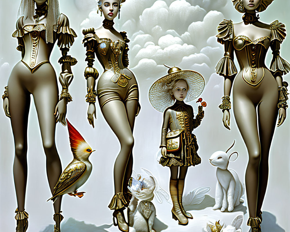 Four stylized women in avant-garde gold outfits with child, animals, and butterflies on surreal cloud