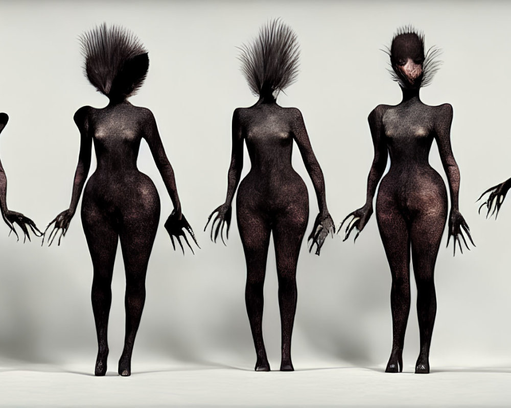 Seven Dark-Skinned Humanoid Figures with Spiky Hair in Various Poses