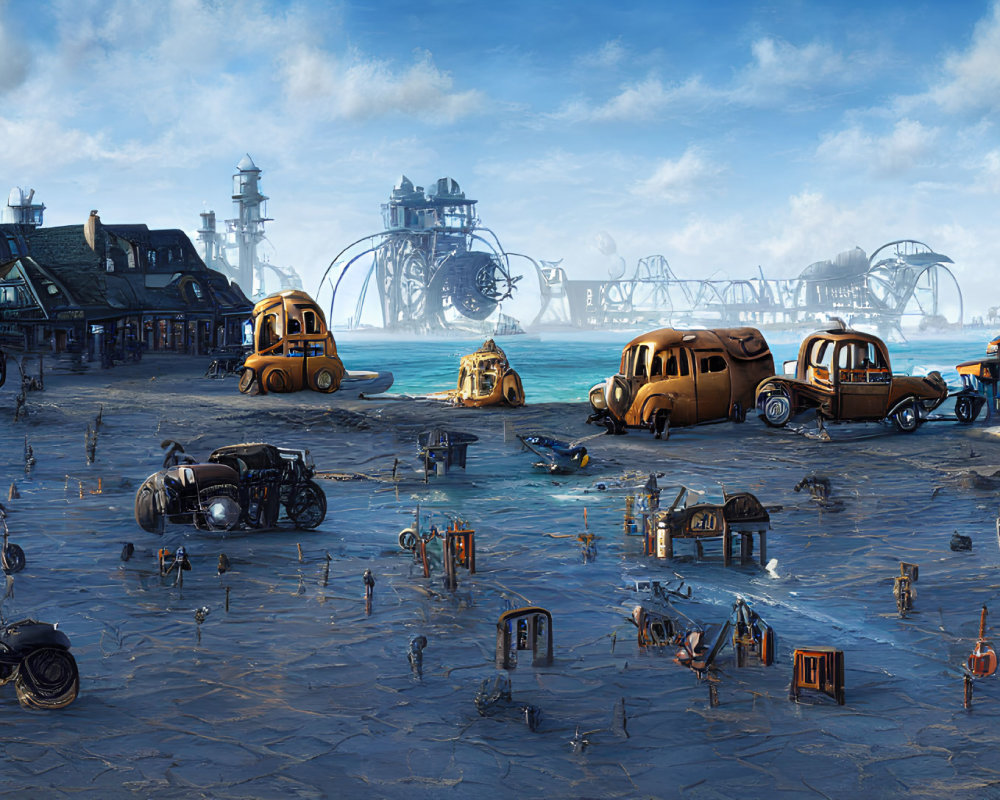 Futuristic seaside town with retro cars, robots, and dilapidated buildings