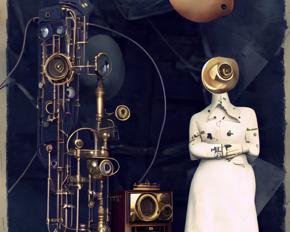 Steampunk-inspired figure with camera head on dark textured background