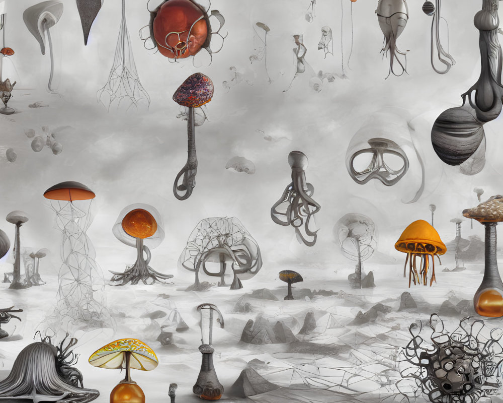 Monochromatic surreal landscape with mushroom-like structures and whimsical floating objects