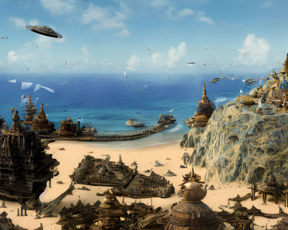 Panoramic fantasy landscape with ornate buildings, beach, ocean, ships, flying creatures, and