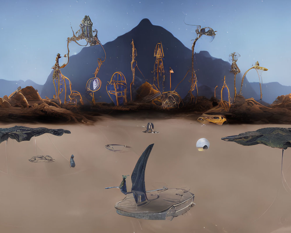 Panoramic sci-fi landscape with extraterrestrial structures and robotic entities